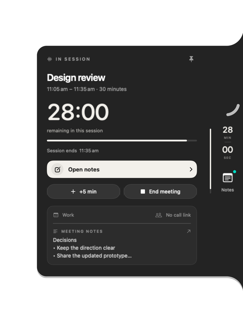 Native Interval meeting panel showing a fictional Design review, 28 minutes remaining, Open notes and +5 min controls.