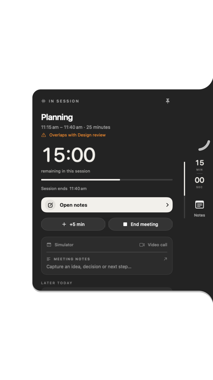 Native Interval active meeting panel with an orange overlap warning and the Later Today heading
