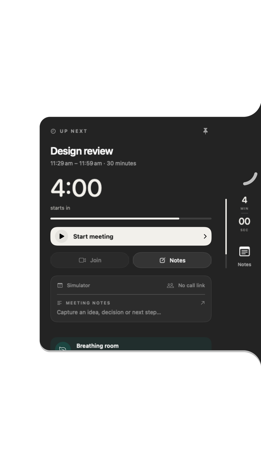 Native Interval upcoming meeting panel with a countdown to the next start